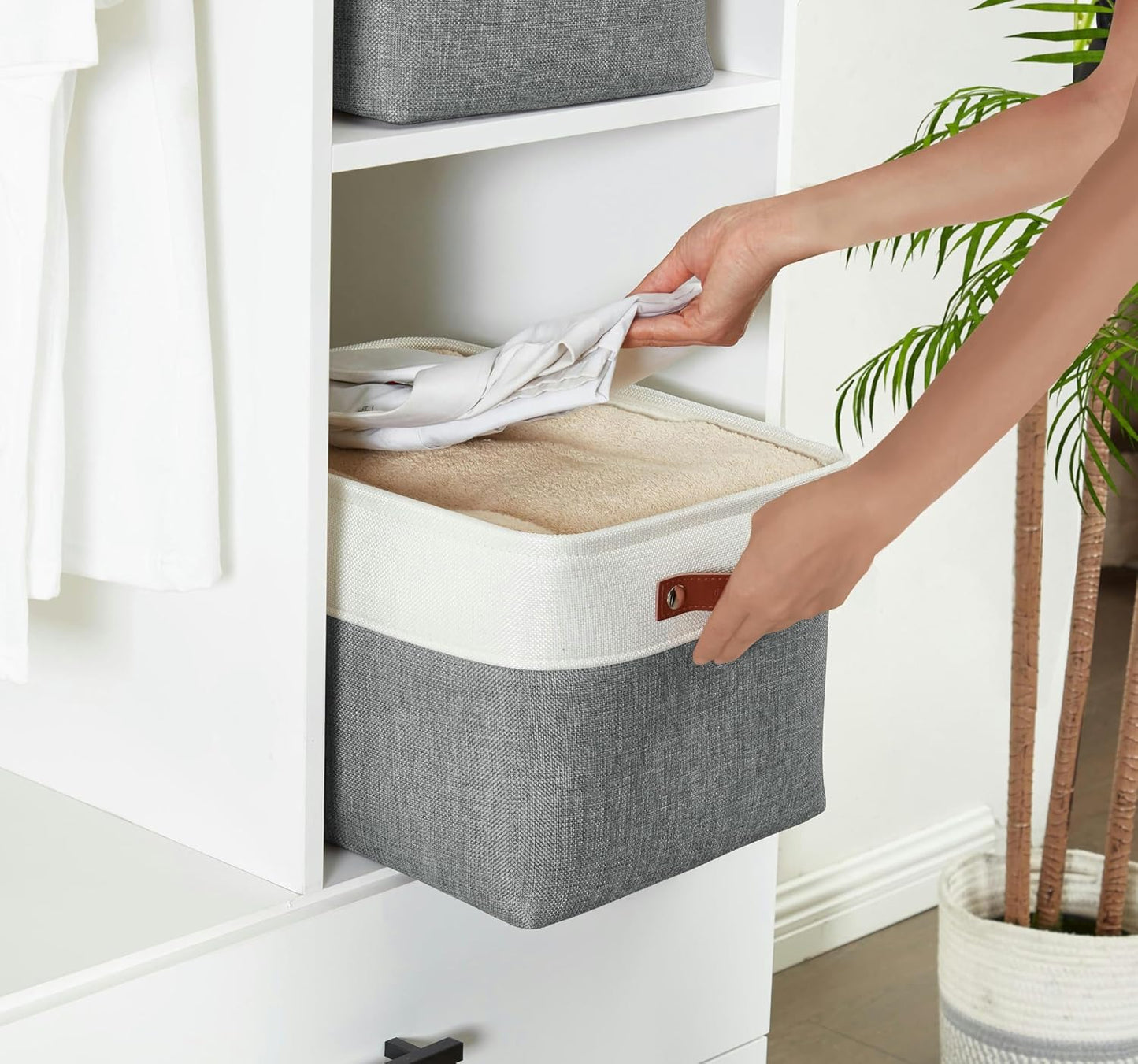 DECOMOMO Storage Bins Fabric Storage Baskets for Shelves, Linen Closet Organization Toys Nursery (Slate Grey and White, Large - 3 Pack)