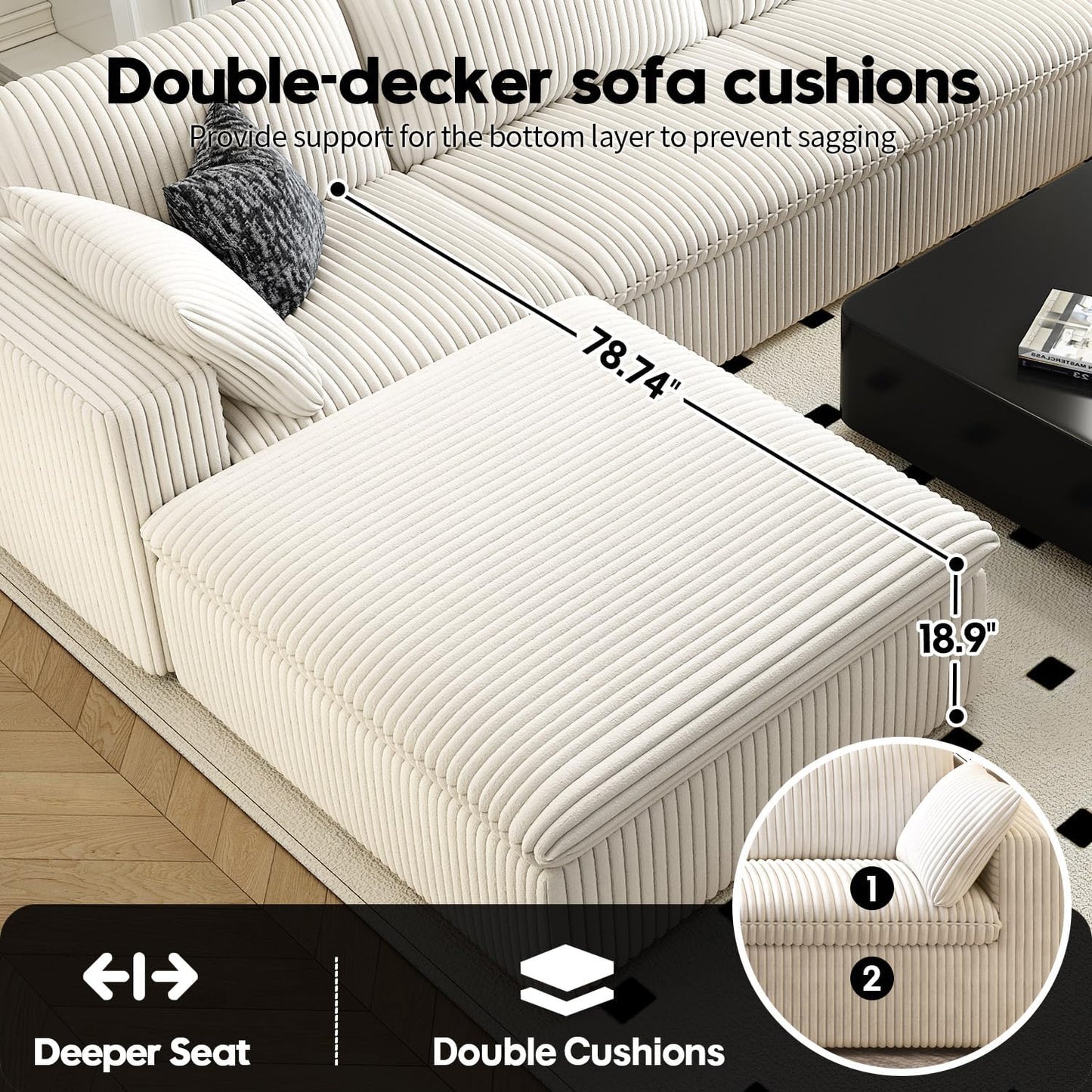 118" Cloud Couch Modular Sectional Sofa for Living Room,Modern Sofa with Deep Seat，L-Shape Boneless Couch with Ottoman,Comfy Upholstered Corduroy Couches for Apartment, Studio, Office,Bedroom，White