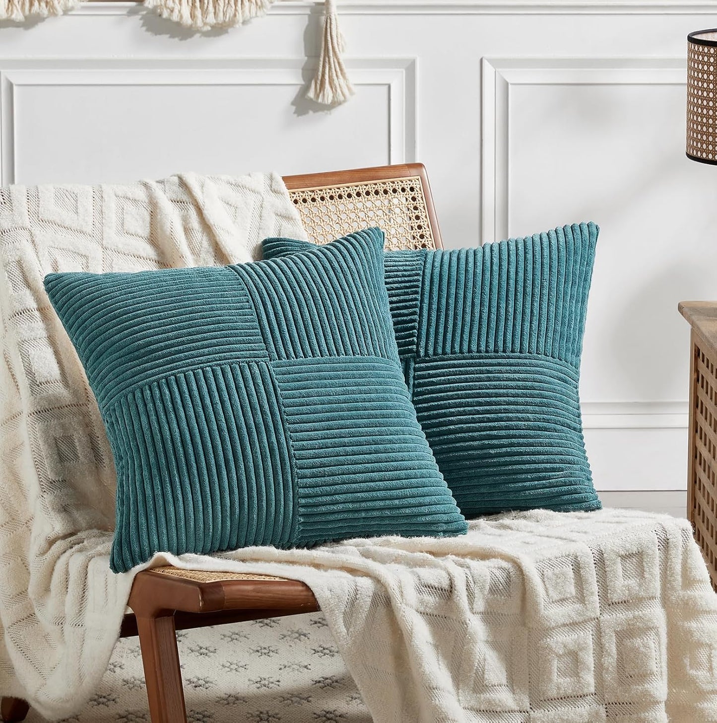 Fancy Homi 2 Packs Teal Euro Decorative Throw Pillow Covers 28x28 Inch for Couch Bed Sofa, Rustic Farmhouse Boho Home Decor, Soft Corss Corduroy Patchwork Textured Square Cushion Case 71x71 cm