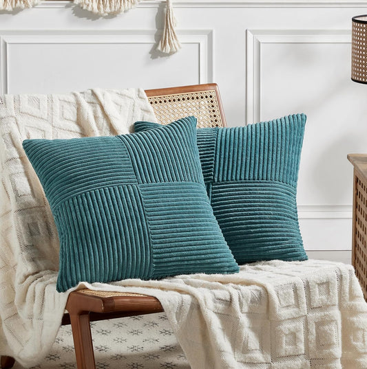 Fancy Homi 2 Packs Teal Samll Decorative Throw Pillow Covers 14x14 Inch with for Couch Bed Sofa, Rustic Farmhouse Boho Home Decor, Soft Corss Patchwork Corduroy Square Cushion Case 35x35 cm