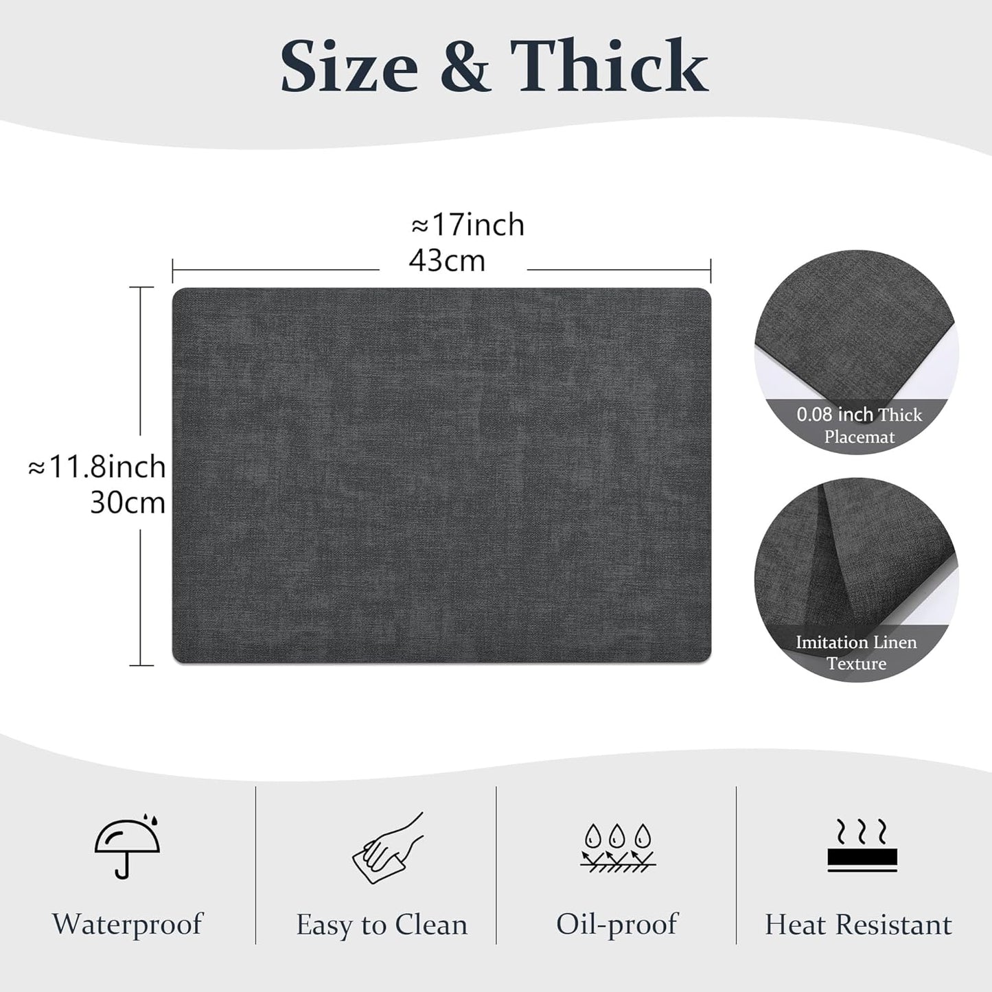 FROMHEART Faux Leather Placemats Set of 8–Waterproof,Heat/Oil Stain-Resistant PU Table Mat–Reversible,Non-Slip,Easy to Clean Place Mats for Kitchen,Dining,Indoor/Outdoor,(Dark Grey,11.8" x 17")