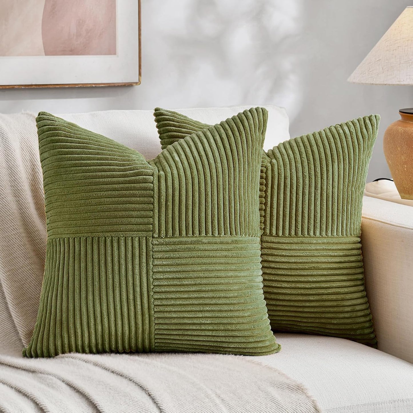 Fancy Homi 2 Packs Moss Green Decorative Throw Pillow Covers 16x16 Inch for Living Room Couch Bed, Rustic Farmhouse Boho Home Decor, Soft Corss Patchwork Corduroy Textured Square Cushion Case 40x40 cm