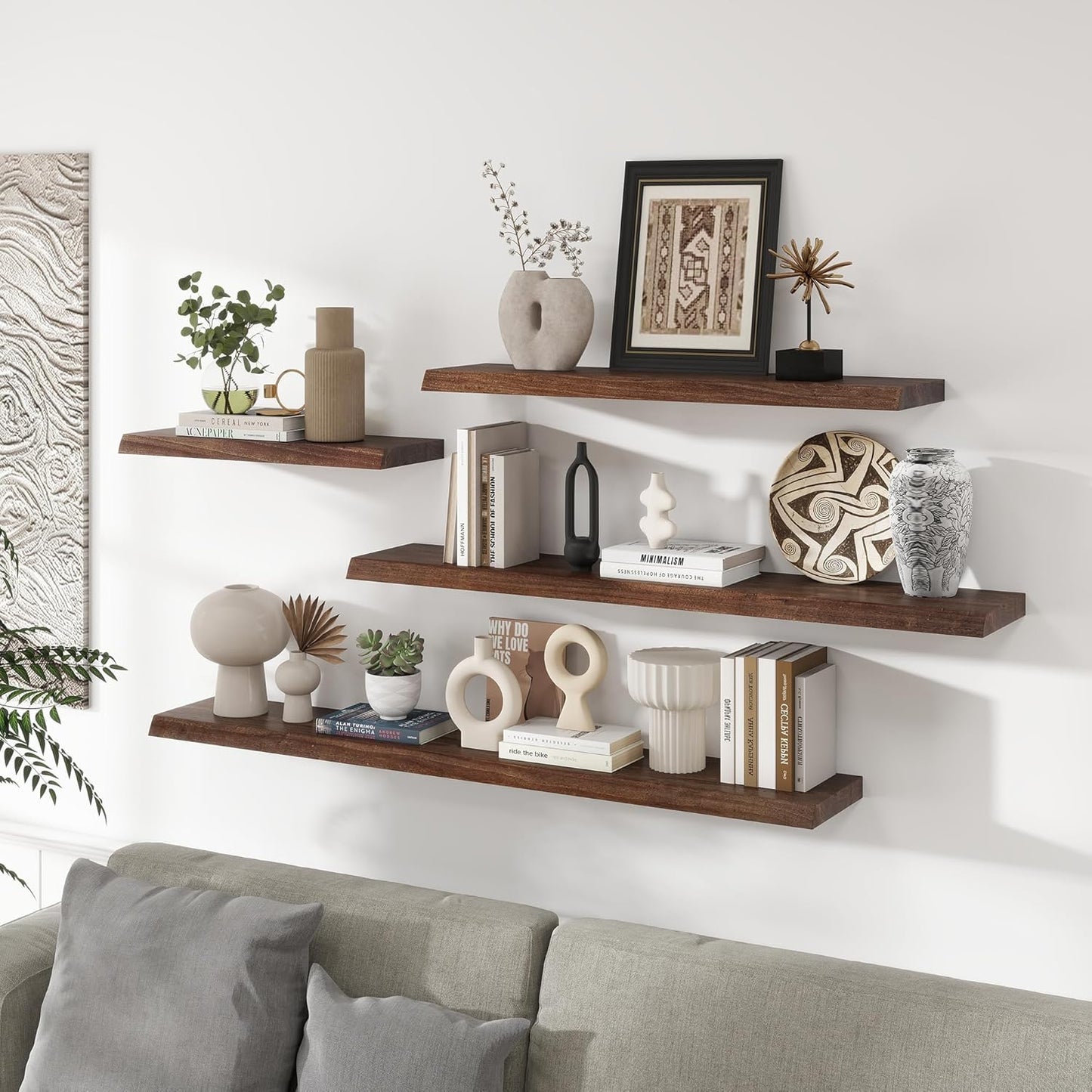 RICHFOCUS Live Edge Elm Floating Shelves - 55" W x 9.3" D Rustic Solid Wood Wall Shelves with Invisible Bracket, Wall-Mounted for Living Room, Bedroom, Kitchen Storage & Display, Set of 1, Walnut