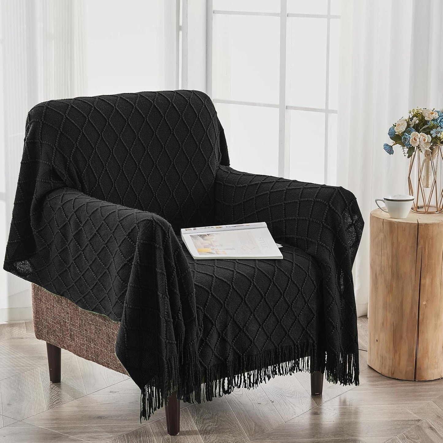 inhand Knitted Throw Blankets for Couch and Bed, Soft Cozy Knit Blanket with Tassel, Black Lightweight Decorative Blankets and Throws, Farmhouse Warm Woven Blanket for Men and Women, 50"x60"