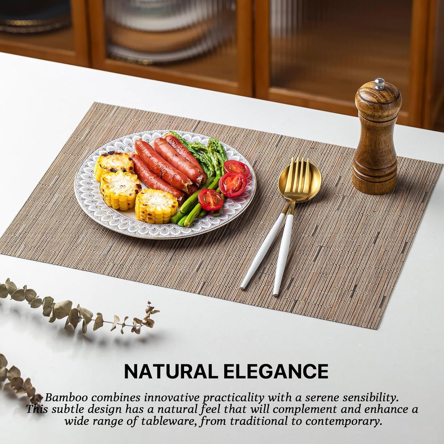 LEXMORE Placemats Set of 12 Vinyl/Plastic Woven Place Mats for Kitchen Table Indoor/Outdoor Washable Placemat Wipeable Dining Table Mats(Light Brown)
