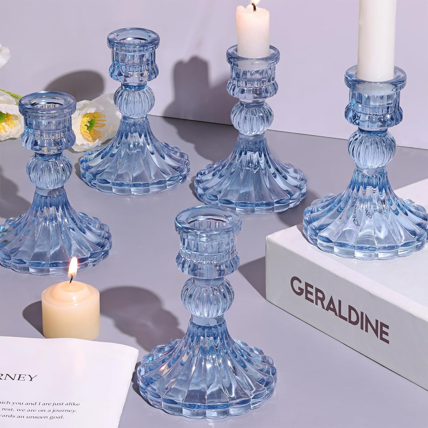 12PCS Blue Candlestick Holders Set- 4" H Taper Candle Holders, Glass Candle Holders Bulk for Wedding, Party, Home Table Centerpieces, Festival Gifts & Windowsill Decor