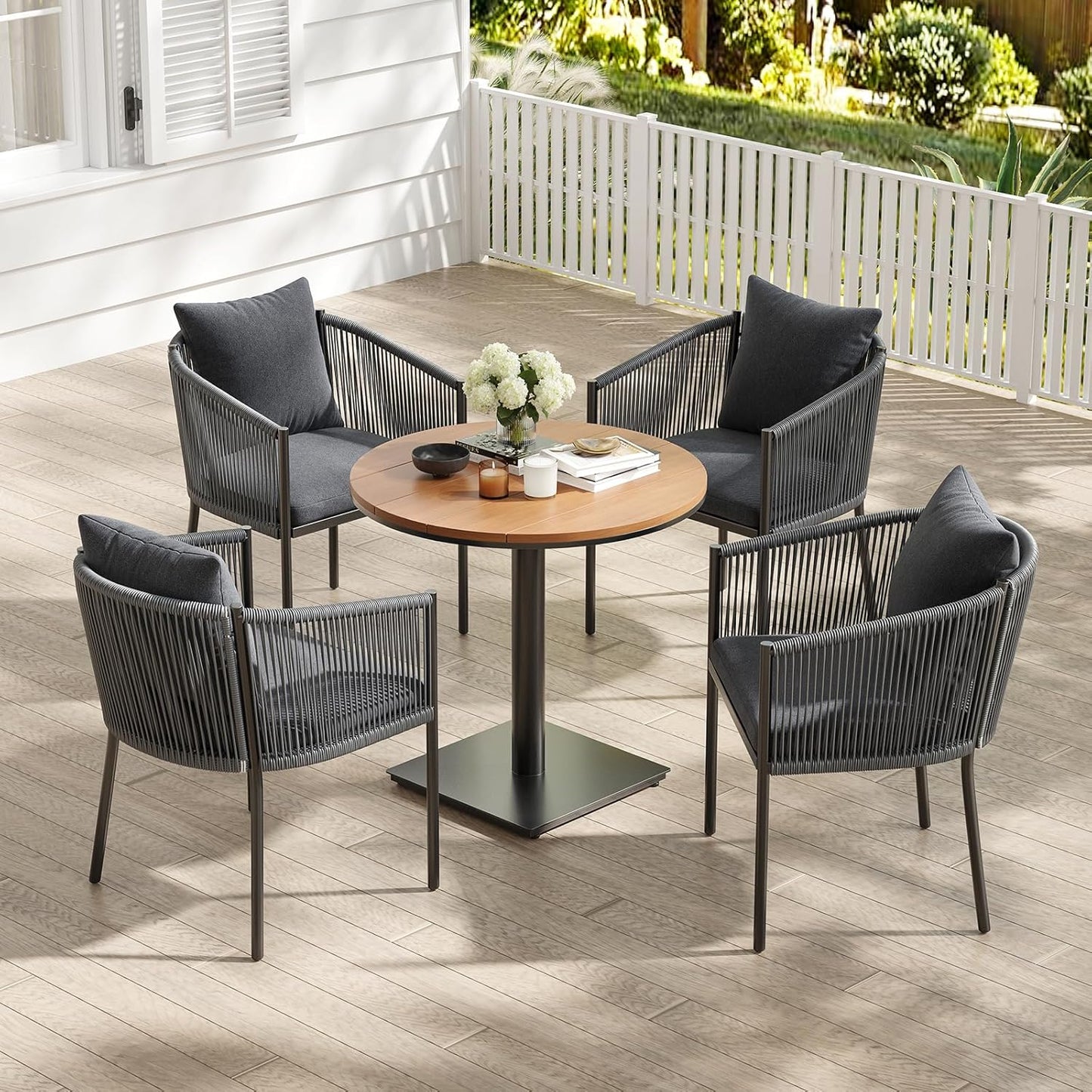 Soohow 5 Pieces Outdoor Dining Set for 4, Patio Table and Chairs Set 4 X Rattan Wicker Patio Chair with Cushions and 1 X Outdoor Table Plastic Wooden Top for Lawn, Deck Backyard, Poolside