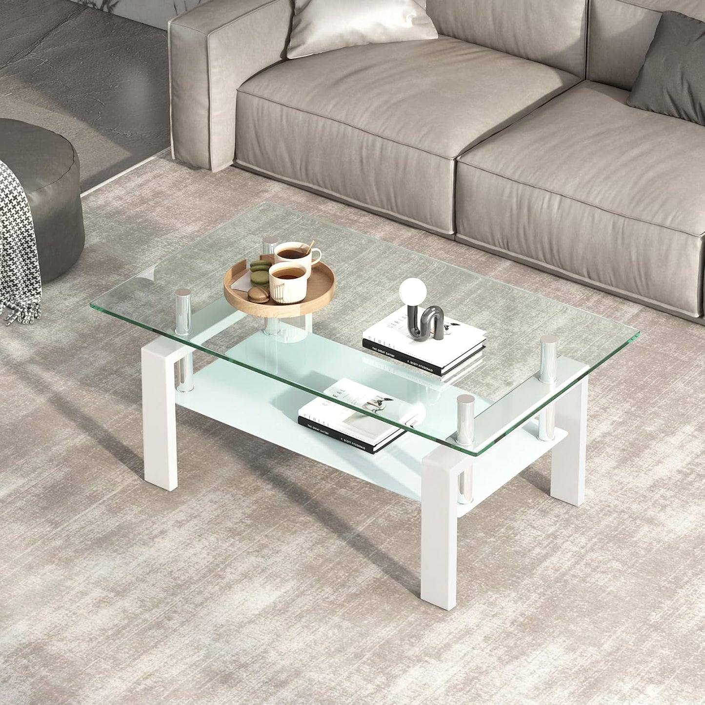 Glass Coffee Table Rectangle White Living Room Center Table, 39inch Transparent Tempered Glass Tabletop and Metal Frame, White + Clear Glass