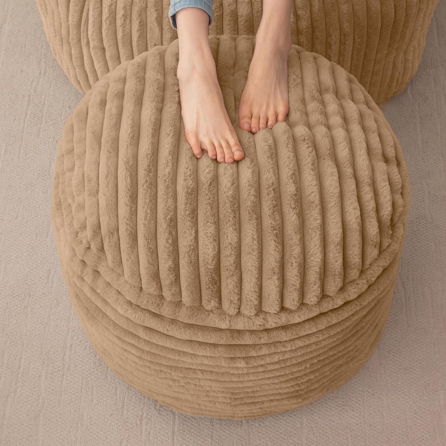 HIGOGOGO Round Stuffed Pouf Ottoman, Stripe Faux Fur Poufs with Foam Chunk Filling, Furry and Fluffy Pouf Foot Stool Storage Ottoman, 26 X 18 Floor Poufs Foot Rest for Living Room, Brown