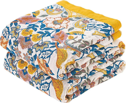 Boho Blanket Throw Quilt, 100% Cotton Soft Light Weight Throw Blankets for Summer, 90"x98" Farmhouse Flower Decorative Blankets, All Season Rustic Reversible Bohemian Throw Quilt