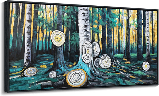 QZQCBLC Large Wall Art Bedroom, Green Tree Yellow Forest Canvas Wall Pictures Modern Abstract Ring Landscape Paintings Artwork for Living room Home Office Artwork Framed Decor 29x58 IN