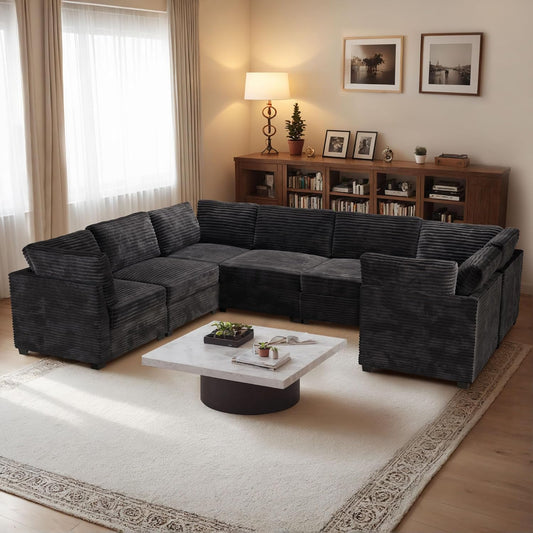 HOOOWOOO Modular Sectional Sofa,7 Pieces Sectional Couches for Living Room,131X98 U Shaped Cloud Couch Set(Black Velvet Corduroy)