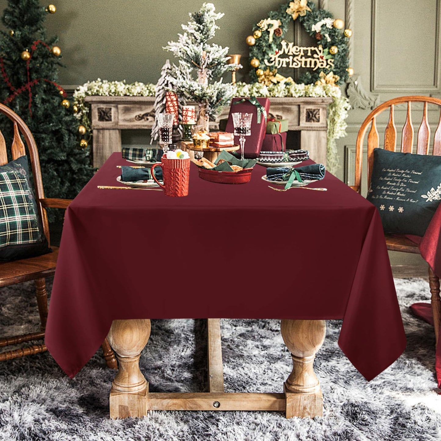 sancua Rectangle Tablecloth - 70 x 70 Inch - Stain and Wrinkle Resistant Washable Polyester Table Cloth, Decorative Fabric Table Cover for Dining Tables, Buffet Parties and Camping, Burgundy