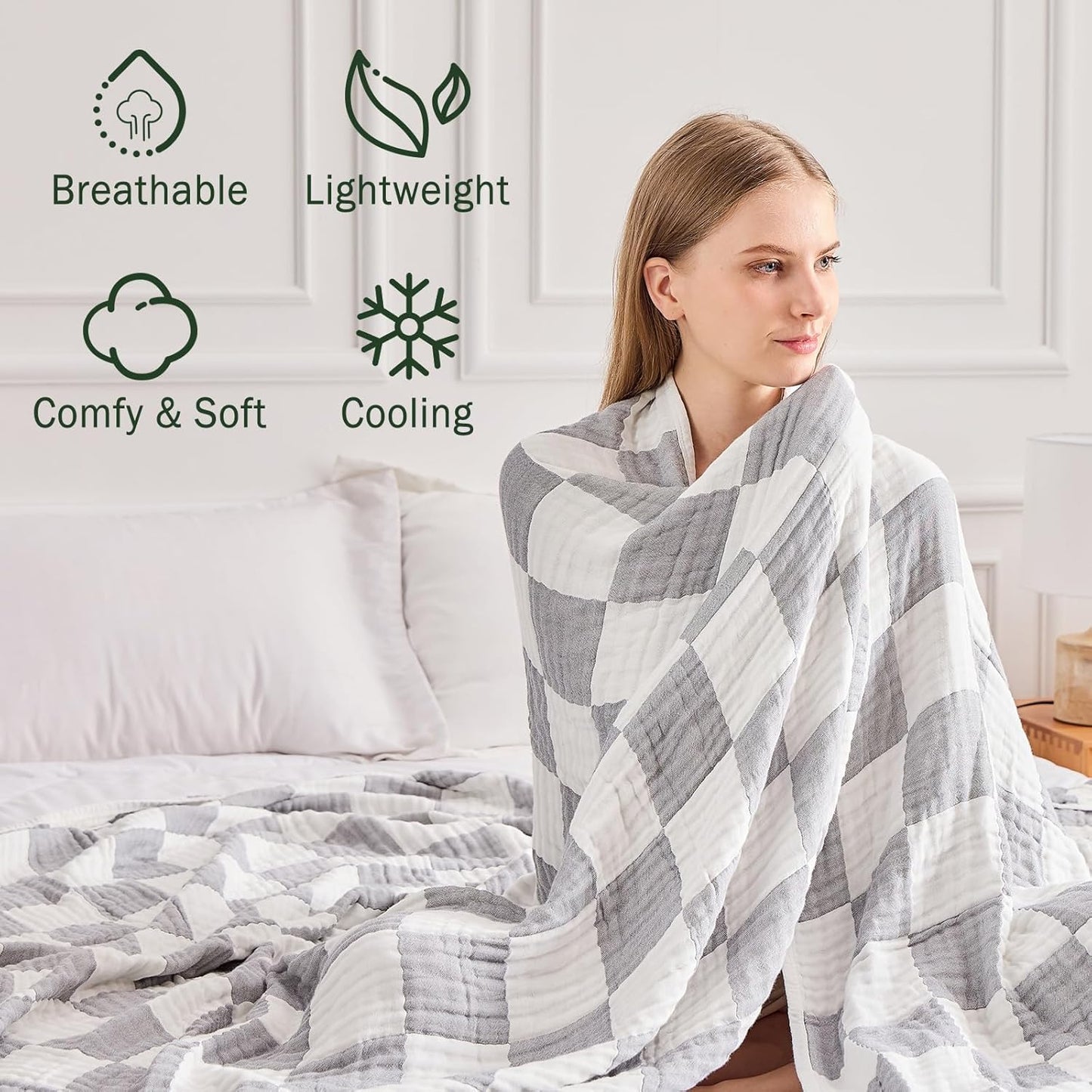EMME Checkered Cotton Queen Size Bed Blanket, 80"x90", Lightweight Breathable Cooling All Season Gauze, Light Grey