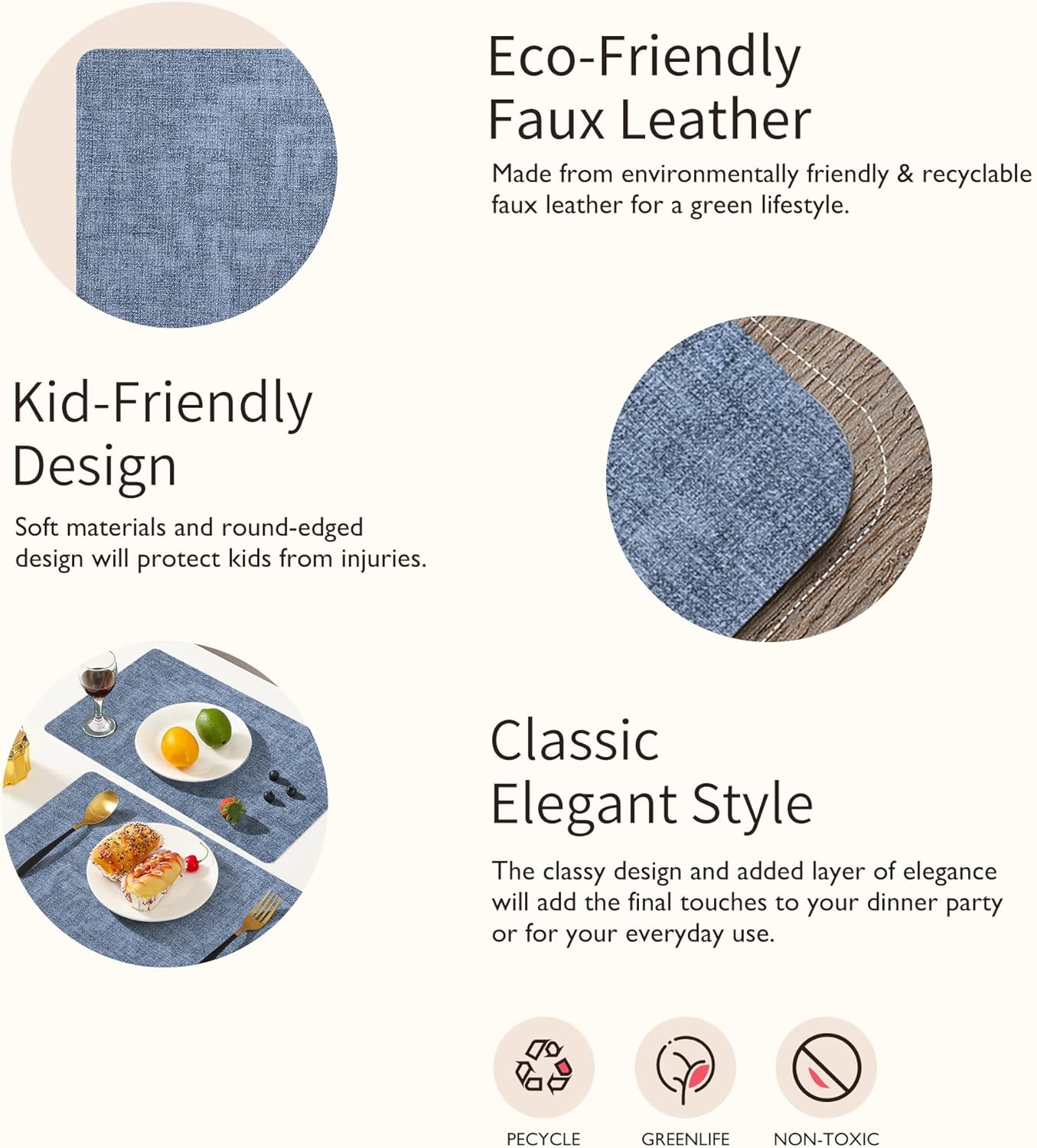 Maxpearl Faux Leather Placemats Set of 6 - Waterproof - Wipe Clean - Heat Resistant - Anti Slip Dining Table Place Mats, Suitable for Indoor & Outdoor Use, 17’’×12’’, Blue