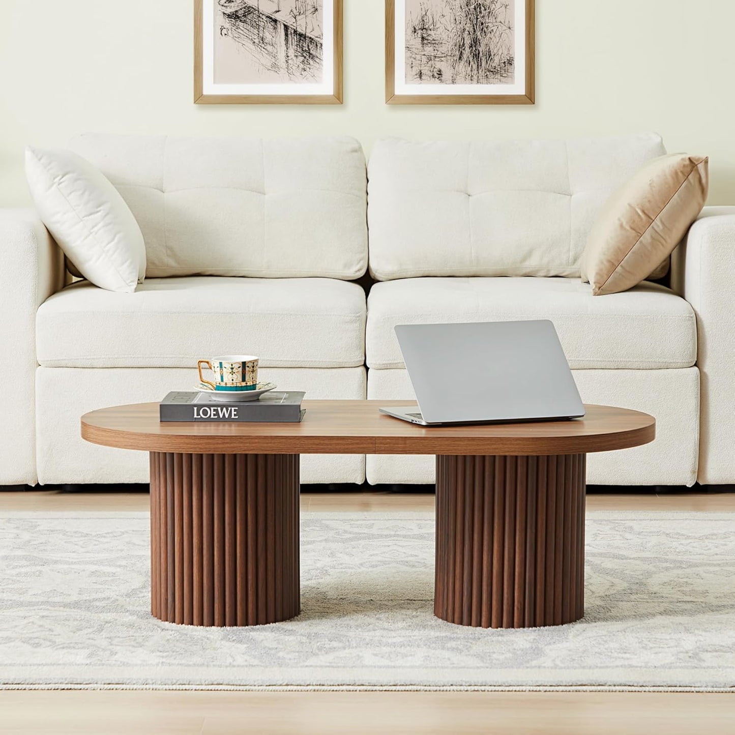 Oval Fluted Coffee Table, Farmhouse Wood Coffee Table Mid Century Modern Center Table Boho Living Room Tables for Living Room Office (Walnut, 19.69" D x 39.38" W x 13.78" H)