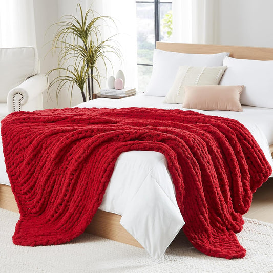 L'AGRATY Chunky Knit Blanket Throw - Soft Chunky Throw Blanket 50x60: 100% Hand Kintted Chenile Crochet Blanket Large Cable Knit Chunky Blanket - Rope Knot Throw Blanket for Couch Home Decor(Red)