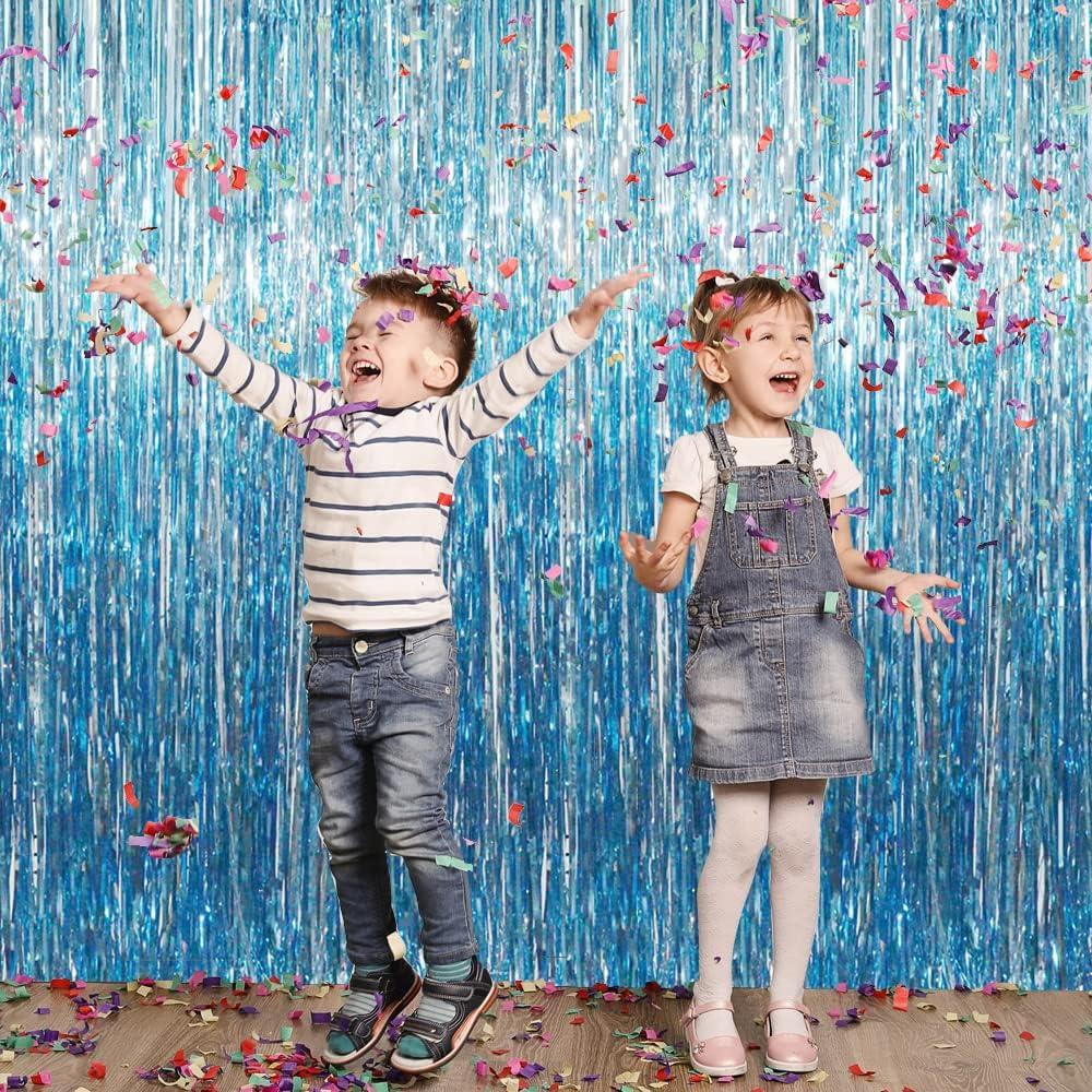 GOER 3.2 ft x 9.8 ft Metallic Tinsel Foil Fringe Curtains Party Photo Backdrop Party Streamers for Birthday,Graduation,New Year Eve Decorations Wedding Decor (Light Blue,5 pcs)
