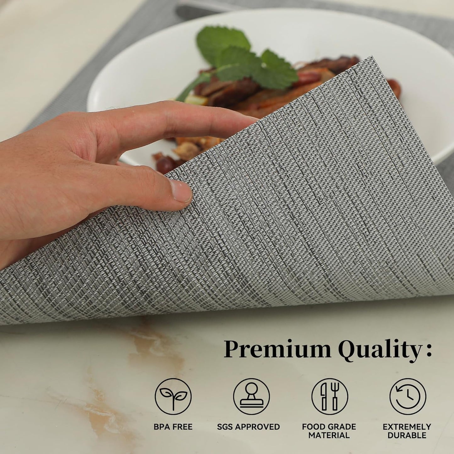 Leetaltree Grey Placemats, Heat Resistant Non-Slip Place mats for Dining Table, Washable Durable PVC Vinyl Woven Table Mats (Set of 20)
