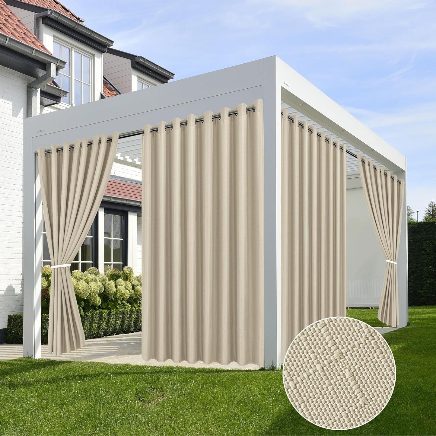 HolidayIdeas 4 Panels Linen Outdoor Curtains for Patio Waterproof Cream Outside Curtains 110"x95"-Indoor/Outdoor Gazebo Wide Curtains Weatherproof, Privacy for Pergola, Porch, Cabana, Livingroom