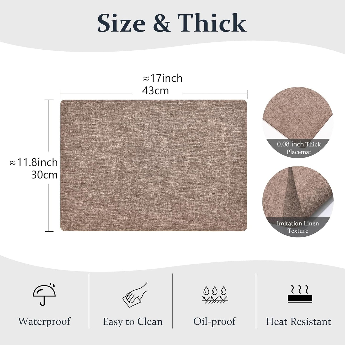 FROMHEART Faux Leather Placemats Set of 8–Waterproof,Heat/Oil Stain-Resistant PU Table Mat–Reversible,Non-Slip,Easy to Clean Place Mats for Kitchen,Dining,Indoor/Outdoor,(Dark Coffee,11.8" x 17")