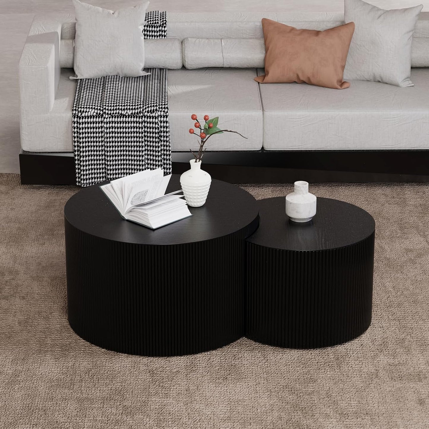 Round Nesting Coffee Table Wood Drum Nesting Tables Modern Stacking Coffee Table Set of 2 Fluted Center Table End Table for Living Room Home Office Small Spaces, No Assembling (Black Crescent)