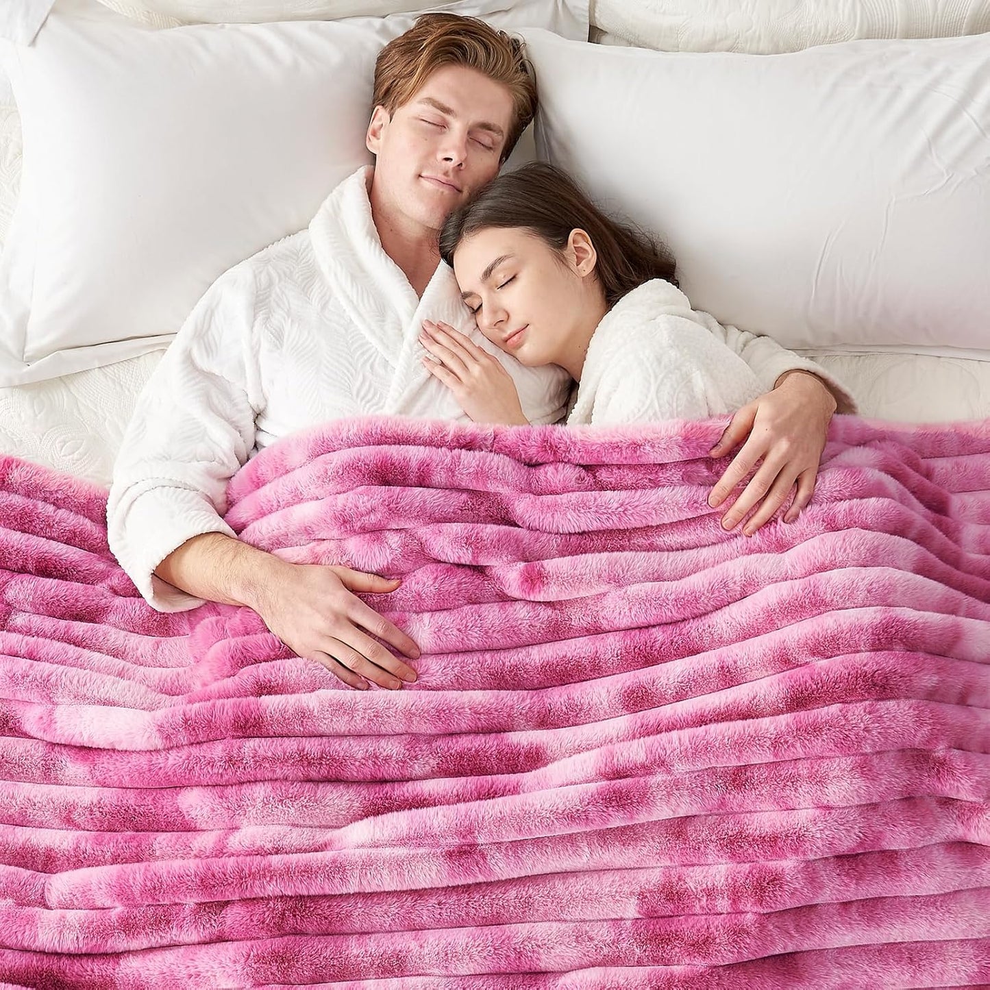 Cozy Bliss Faux Fur Throw Blanket for Couch, Cozy Warm Plush Striped Blanket for Sofa Bedroom Living Room,50 * 60 Inches Tie-dye Pink