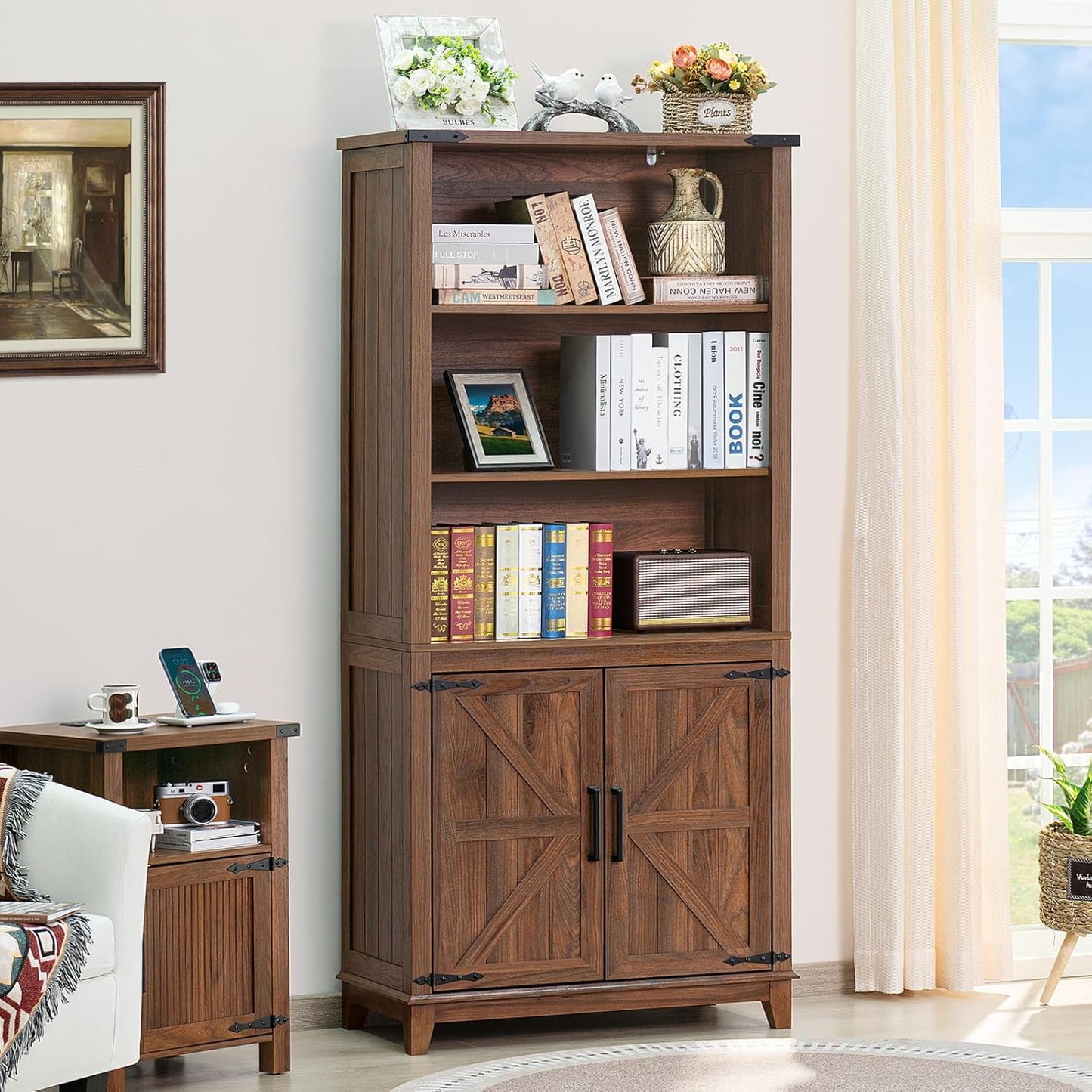 70in Tall Bookshelf 5 Tier Bookcase with Barn Doors and Adjustable Shelves, Brown Farmhouse Book Shelf with Storage Cabinet, Wood Freestanding Display Bookshelves for Bedroom, Living Room