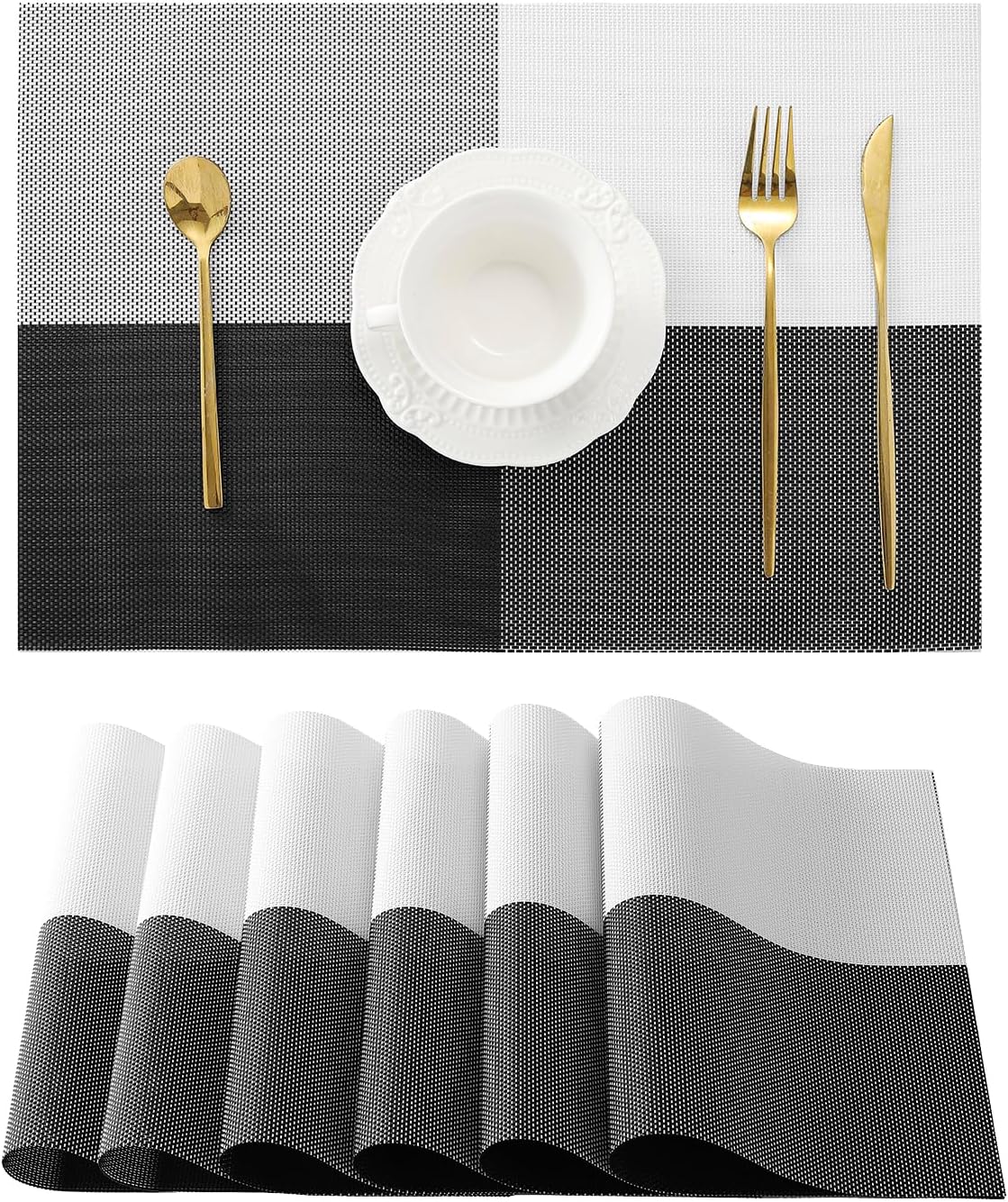 Leetaltree Gray with White Grid Pattern Placemats Set of 6 - Heat Resistant Non-Slip Place mats for Dining Table, Washable Durable PVC Vinyl Woven Table Mats（Grey Grid, 6）