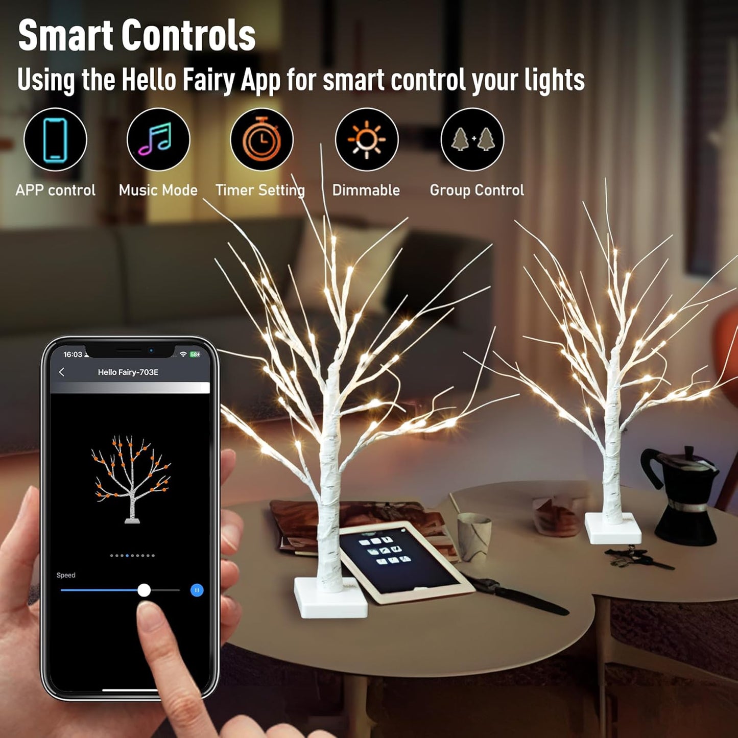 Smart Christmas Decorations Indoor, 2 FT Birch Tree with LED Lights, App Control, 18 Modes, Fairy Light Spirit Tree for Christmas Decor, Warm White Lighted Birch Trees for Home Decor Music Sync 2 Pack