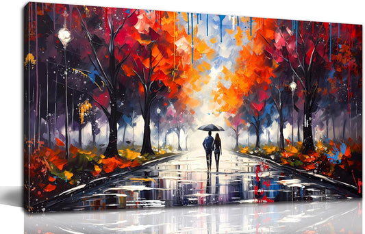 Large Canvas Wall Art for Living Room Bedroom Couple Walking in the Rain Picture Graffiti Red Tree Canvas Prints Framed Home Decor Size 24x48