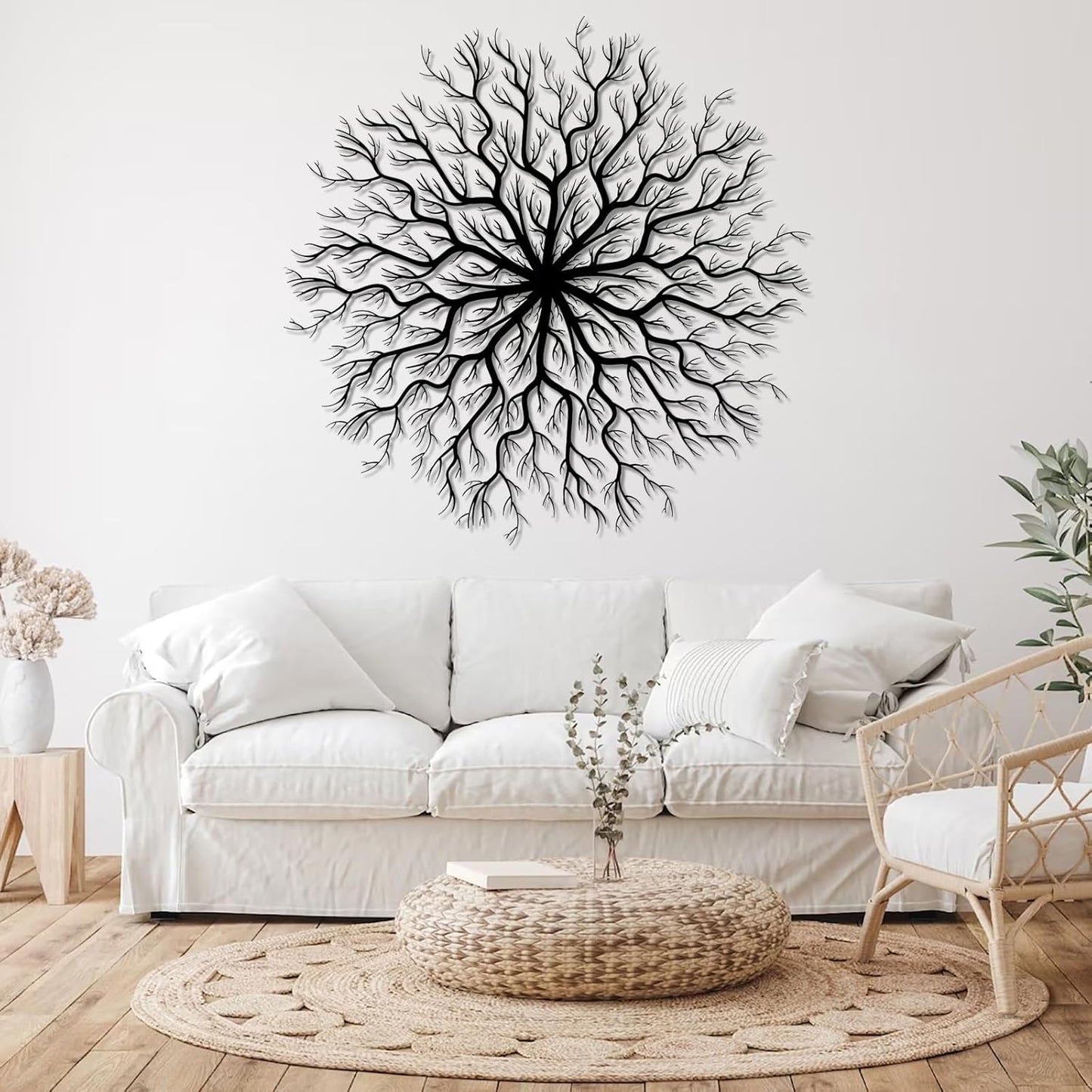 Tree of Life Metal Wall Art, Metal Tree Wall Art, Large Round Sculpture, Round Branch Wall Decor, Large Branch Artwork, Nature Sign, Wall Decor for Living Room, Housewarming Gift (Silver, 39"x39"|100x100cm)