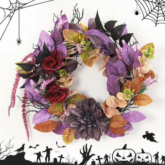 GarveeHome 18 Inch Halloween Wreath, Halloween Garland with Artificial Roses & Spiders, Indoor Outdoor Holiday Accent Decoration for Front Door Porch Wall Home Party Window, Red & Purple