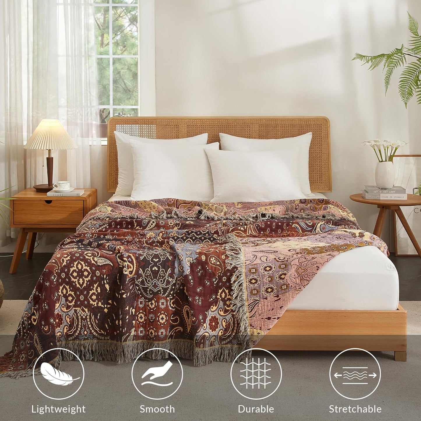 Boho Throw Blanket for Couch Sofa Bed, 100% Cotton Woven Quilt with Tassel 60”x80”, Super Soft Muslin Blanket with Patchwork Printed, Decorative Reversible Bed Blanket/Cover for All Seasons