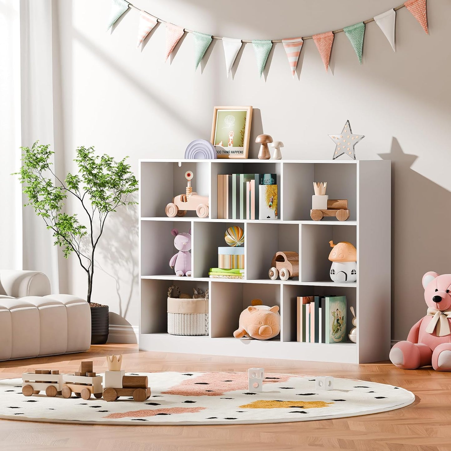 Cozy Castle White Bookshelf, 3-Tier Open Shelf Bookcase, 10 Cube Storage Organizer with Anti-Tilt Device, Freestanding Horizontal Bookshelf Cube Shelf for Bedroom, Living Room