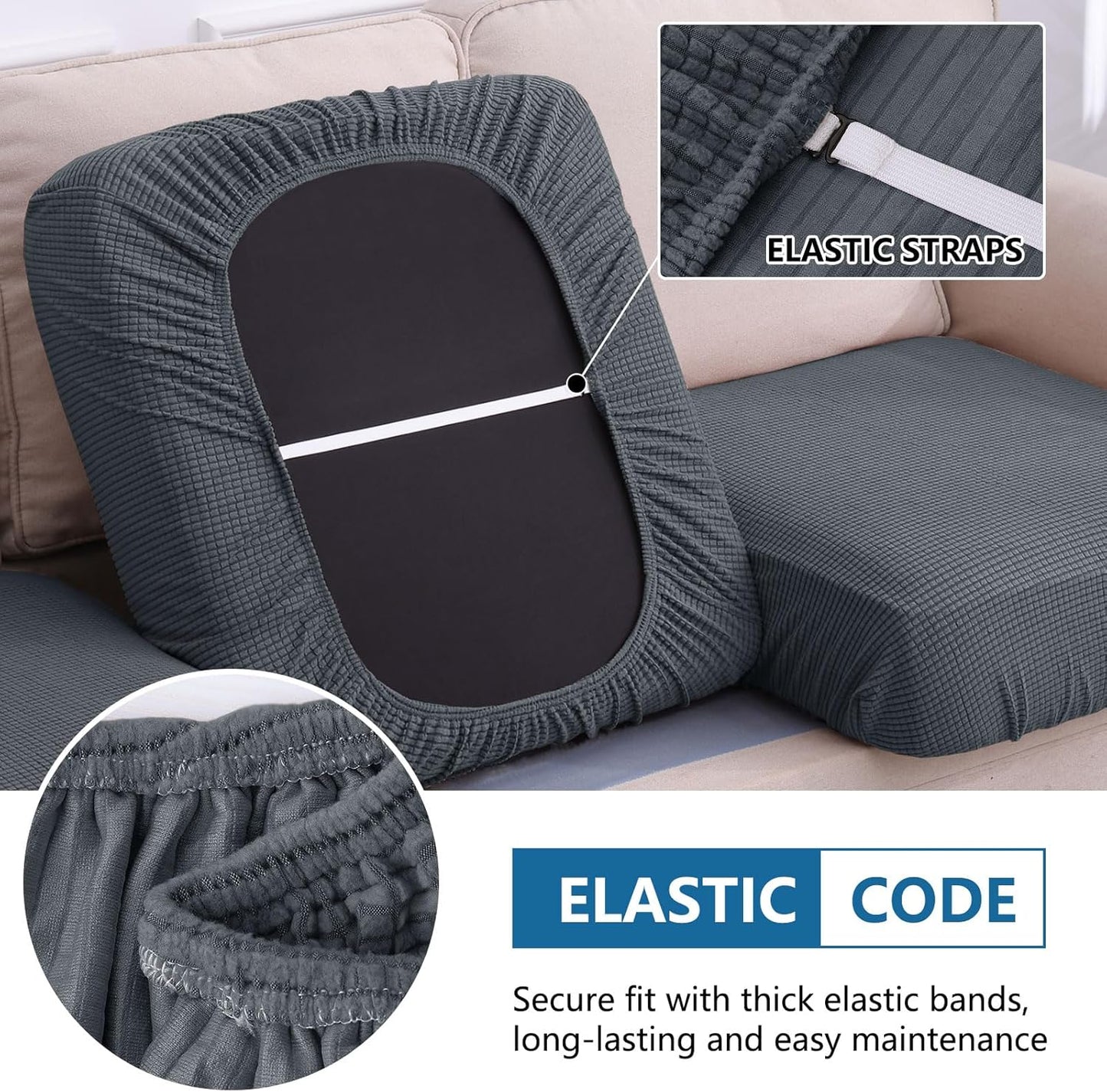 hyha Waterproof Couch Cushion Covers, Sectional Sofa Cushion Slipcovers L Shape, Thick Stretch Jacquard Fabric, Washable Chaise Lounge Cover with Elastic Bottom (1 Piece for Chaise, Grey)
