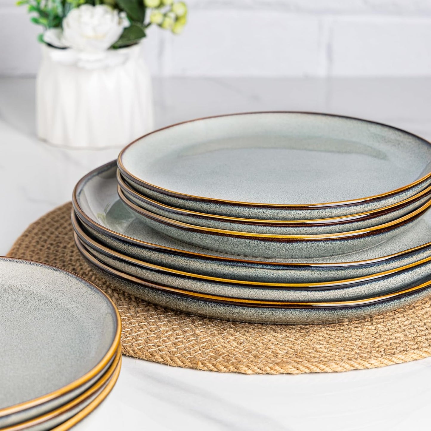 AmorArc Ceramic Dinnerware Sets,Handmade Reactive Glaze Stoneware Plates and Bowls Sets,Highly Chip and Crack Resistant | Dishwasher & Microwave Safe Dishes Set,Service for 4 (12pc)