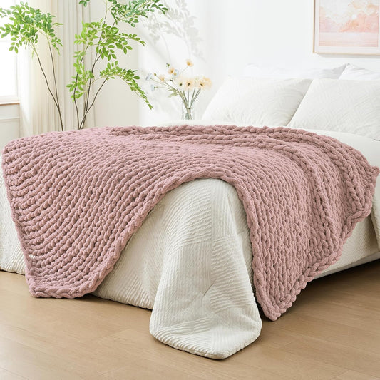 Bigacogo Chunky Knit Throw Blanket for Couch, 60x80 inches, 100% Hand Knitted with Thick Jumbo Chenille Yarn, Cozy Soft Large Rope Knot Cable Crochet Blankets for Sofa Bed Living Room, Dusty Pink