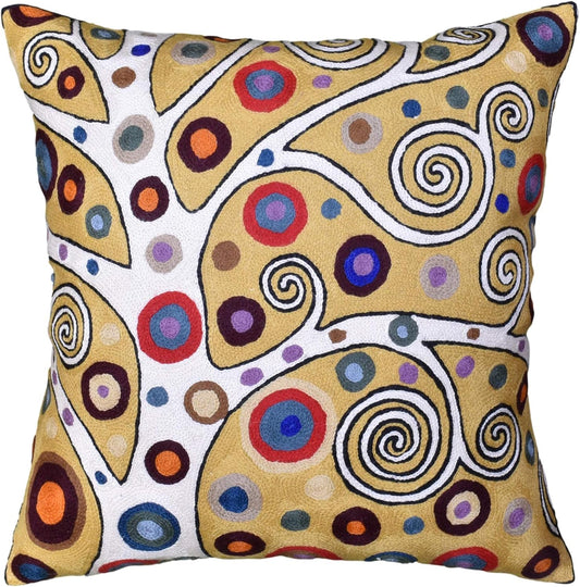 Decorative Pillow Cover Tree of Life Yellow Gold Pillows Botanical Yellows Throw Pillowcase for Couch | Mid Century Pillows for Sofa | Hand Embroidered Cushions Wool 18x18