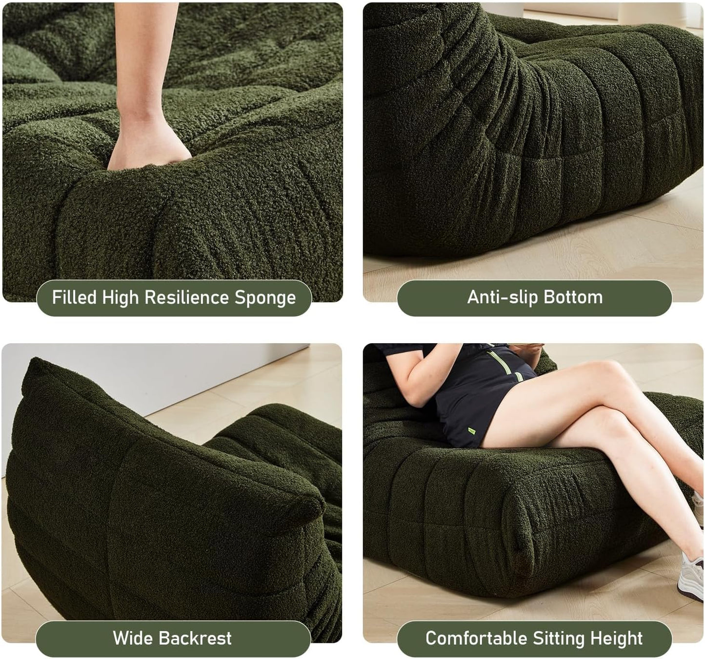 Bean Bag Chair, Fireside Chair Bean Bag Sofa Large Bean Bag Chair for Adults, Bean Bag Chairs for Teens with High Density Comfortable Foam, Memory Foam Bean Bag for Living Room, Bedroom (Green)