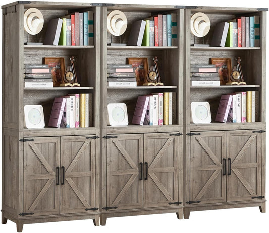 5 Tier Bookshelf 70in Tall Bookcase with Barn Doors and Storage Cabinet, Grey Farmhouse Book Shelf with Adjustable Shelves, Wood Freestanding Display Bookshelves for Bedroom, Kitchen (3PCS)