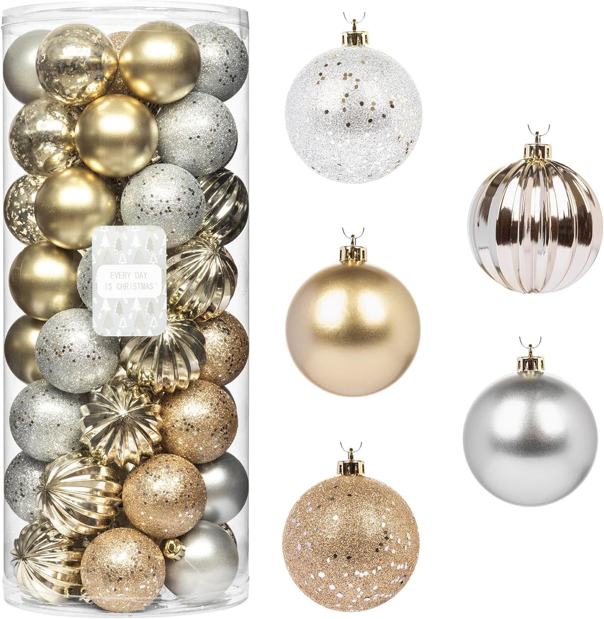 Every Day is Christmas Ornaments, Shatterproof Christmas Tree Ornament Set, Christmas Balls Decoration 50 Count (2.24"/57mm, Gold Silver)