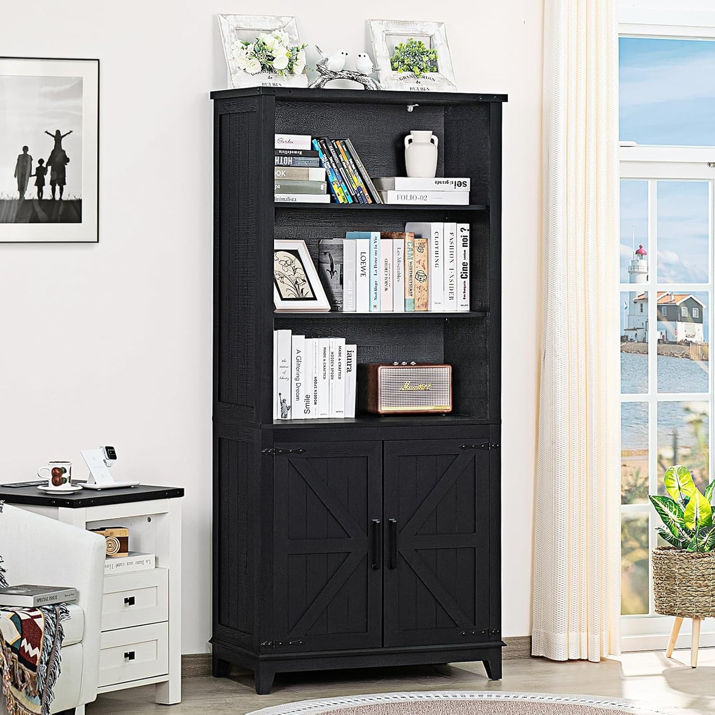 70in Tall Bookshelf 5 Tier Bookcase with Barn Doors and Adjustable Shelves, Black Farmhouse Book Shelf with Storage Cabinet, Wood Freestanding Display Bookshelves for Bedroom, Kitchen (2PCS)