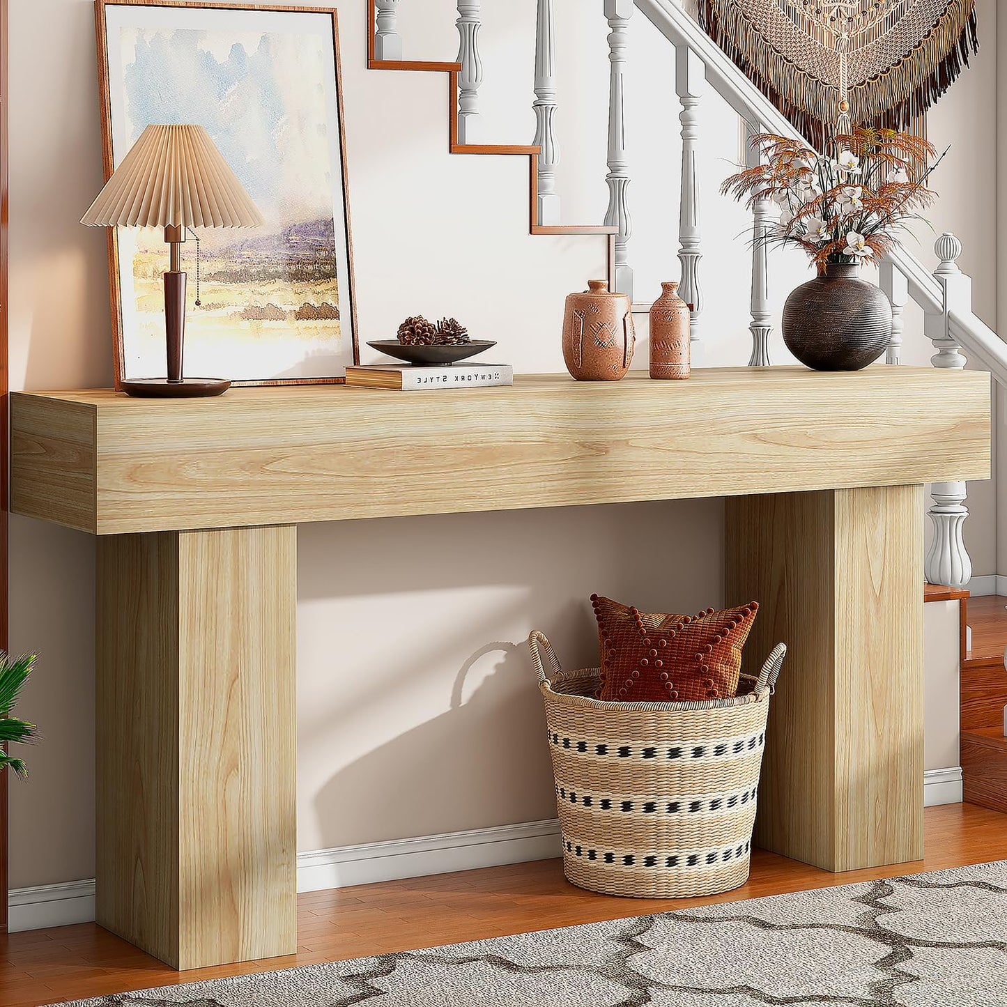 63 Inch Long Console Table for Entryway, Farmhouse Wood Rectangular Sofa Table Behind Couch Table, Narrow Entryway Table for Living Room, Entrance, Hallway, Foyer, Easy Assembly (Natural)