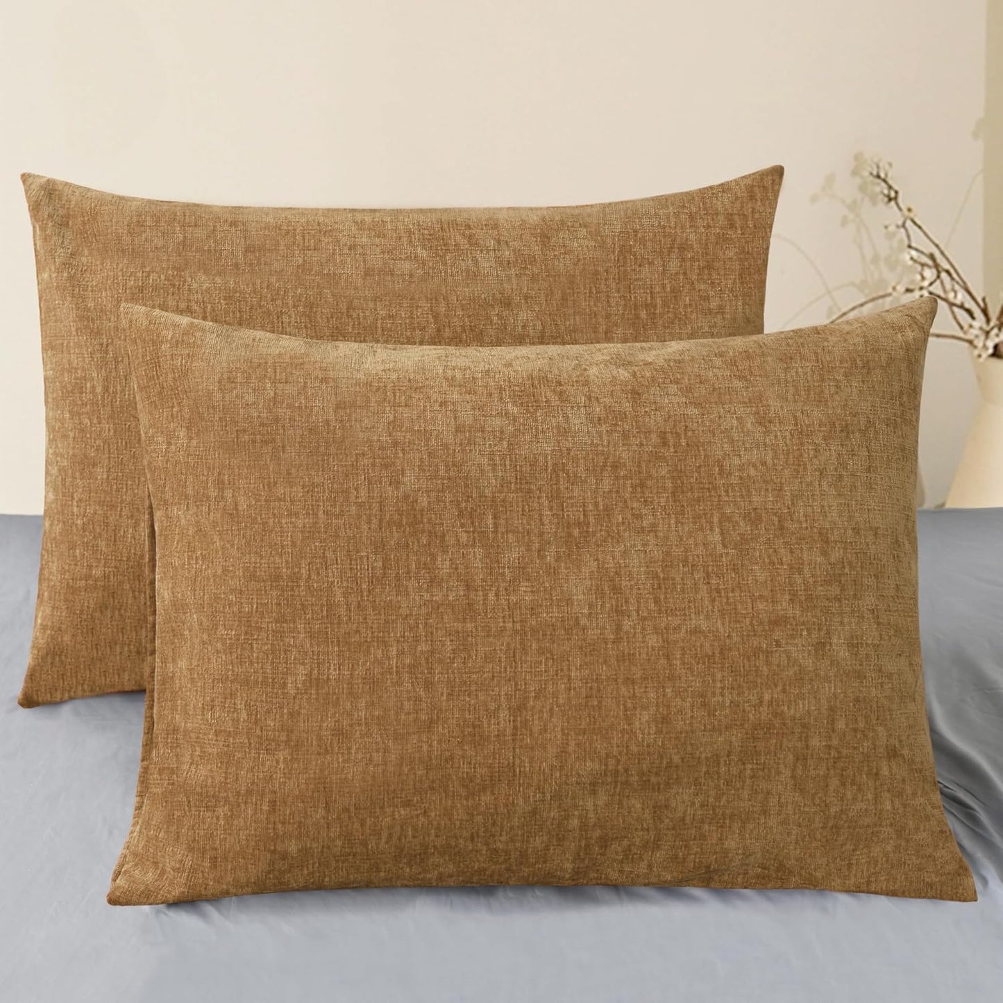 CaliTime Throw Pillow Covers Decorative 20 X 26 Inches Pack of 2 Cozy Chenille Standard Pillow Shams Cases for Couch Sofa Bed Living Room Home Apricot Brown