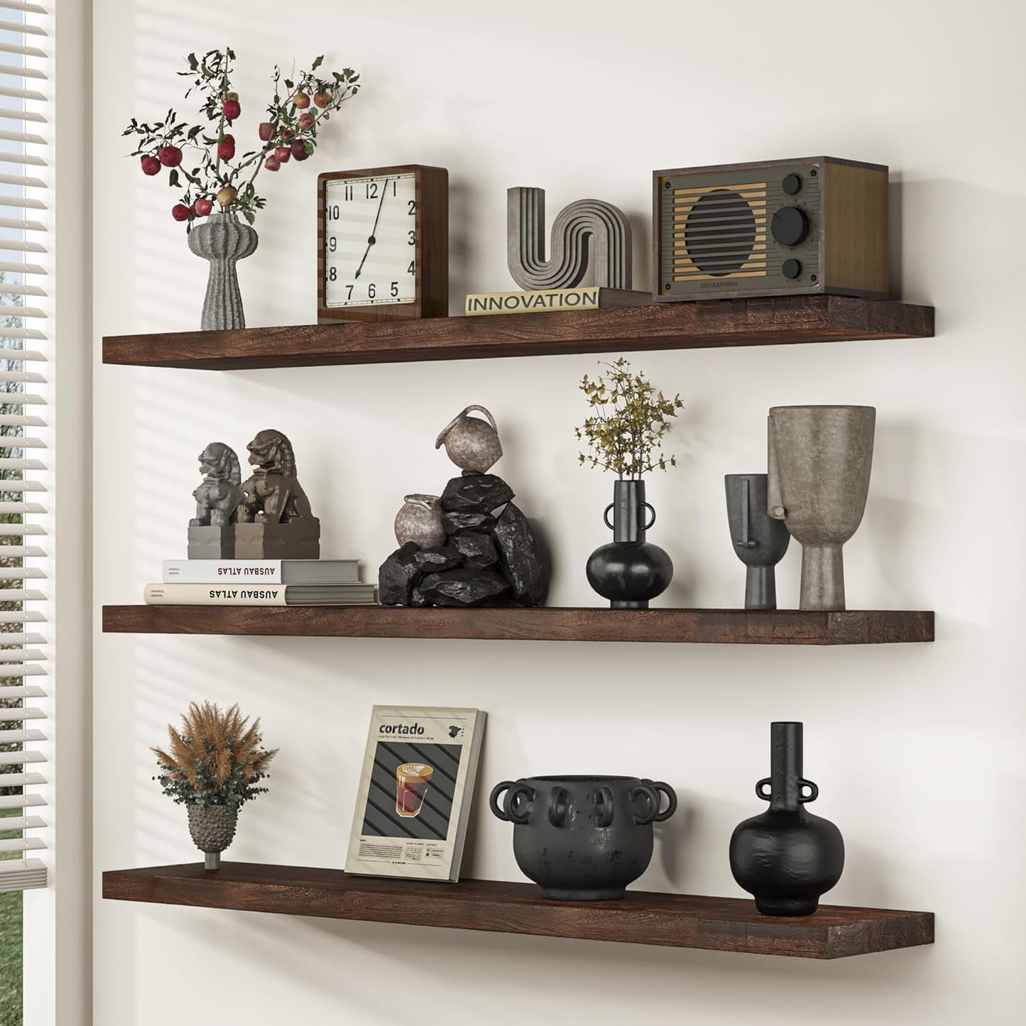 Fun Memories Floating Shelves for Wall, 24 Inch Floating Shelves Wall Mounted, Rustic Elm Wood Shelf, Heavy-Duty Storage Shelves for Books, Bathroom, Kitchen, Walnut Finish, Set of 2