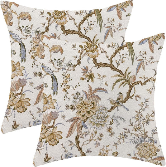 CXMEIFLY Spring Floral Birds Pillow Covers 16 x 16 Inch Set of 2 for Chinoiserie Flowers Decor Throw Pillows Brown and White Plant Outdoor Decorative Cushion Cases for Couch Bed Decorations