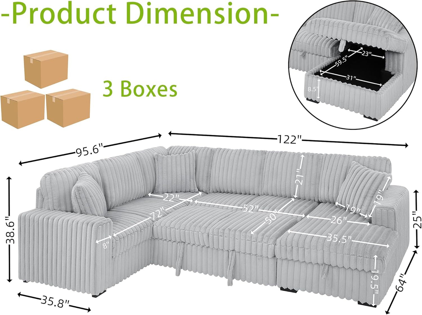 THSUPER 122-Inch Oversized U Shaped Plush Corduroy Fluffy Sectional Sleeper Sofa with Pull Out Bed, Storage Chaise Lounge and USB Charging Port - Gray