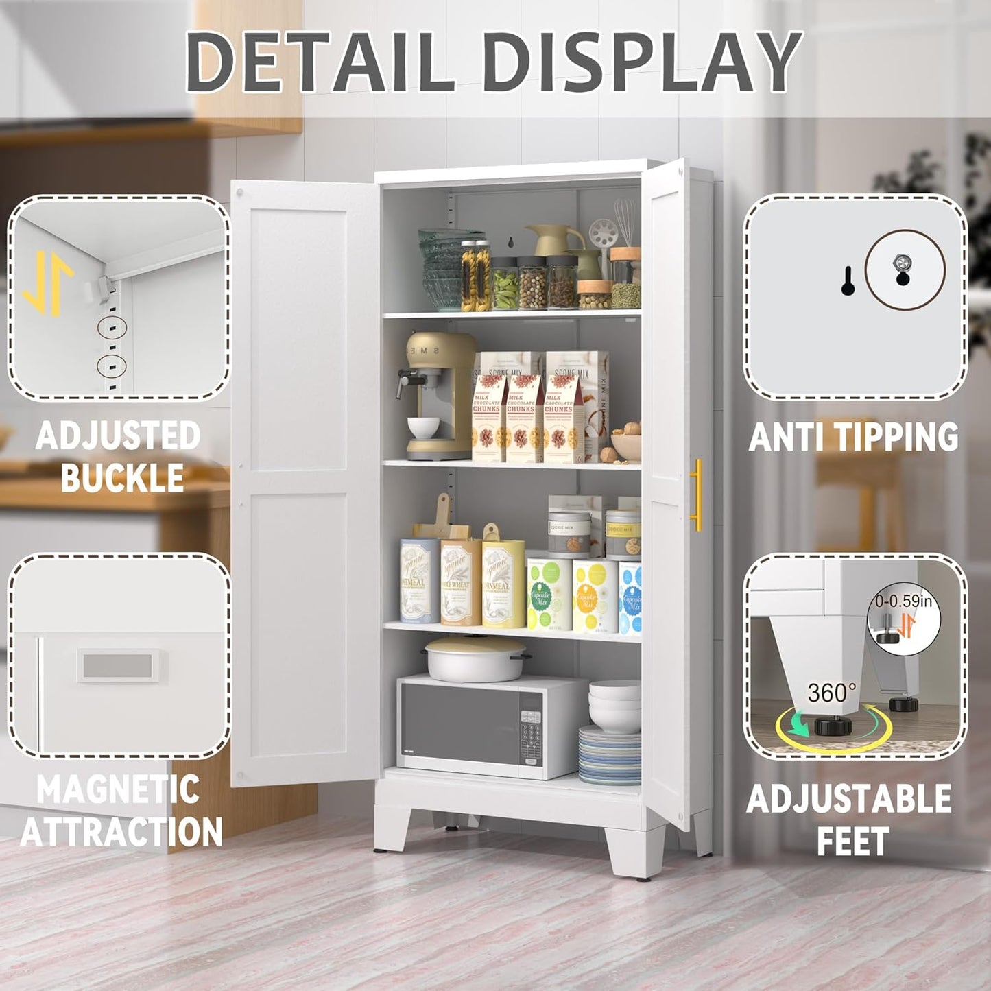 61.02" Pantry Cabinet, Kitchen Pantry Storage Cabinets with Adjustable Shelves and Feet, White Pantry Storage Cabinet for Kitchen, Dining Room, Living Room and Bathroom (White) Metal