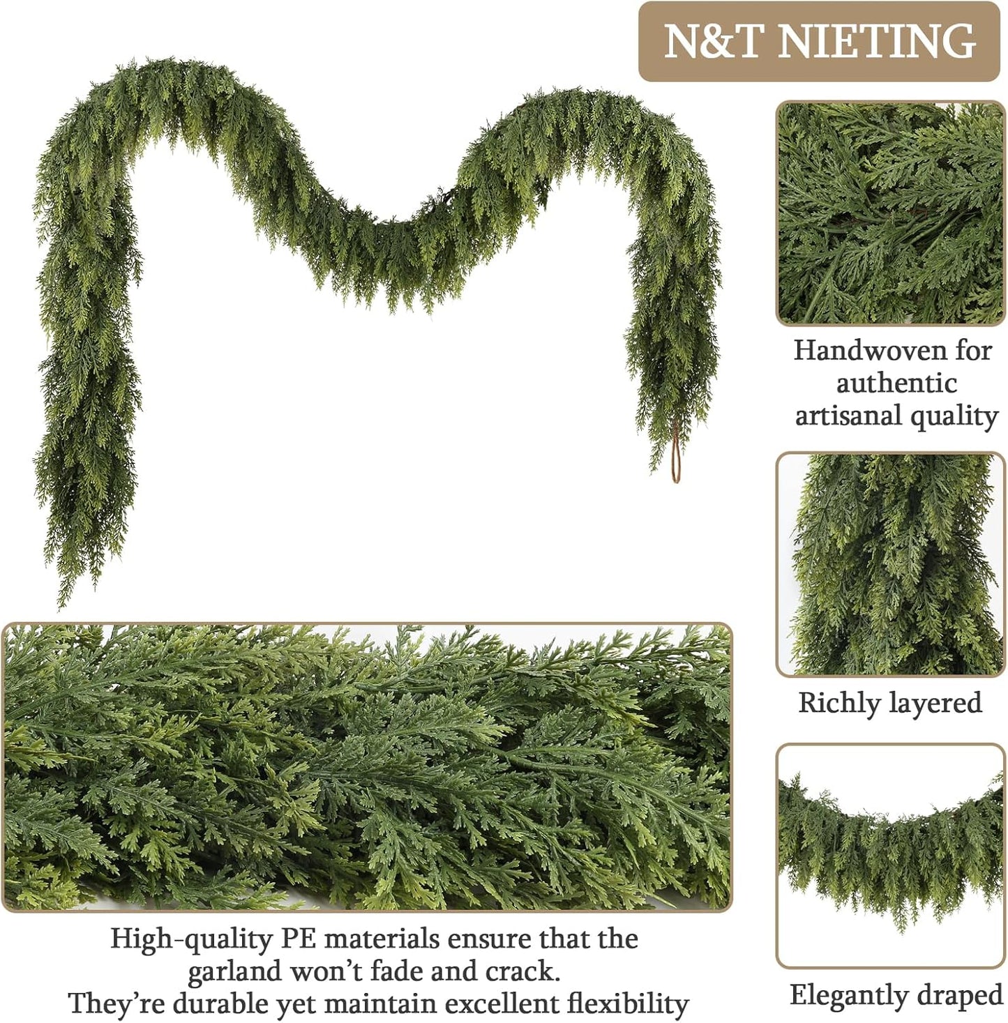 9ft Christmas Cedar Garland with Soft Thickness Pine, Artificial Green Faux Cedar Pine Garland for Mantle Fireplace Indoor Outdoor Holiday Party Home Decoration（2 Pcs）